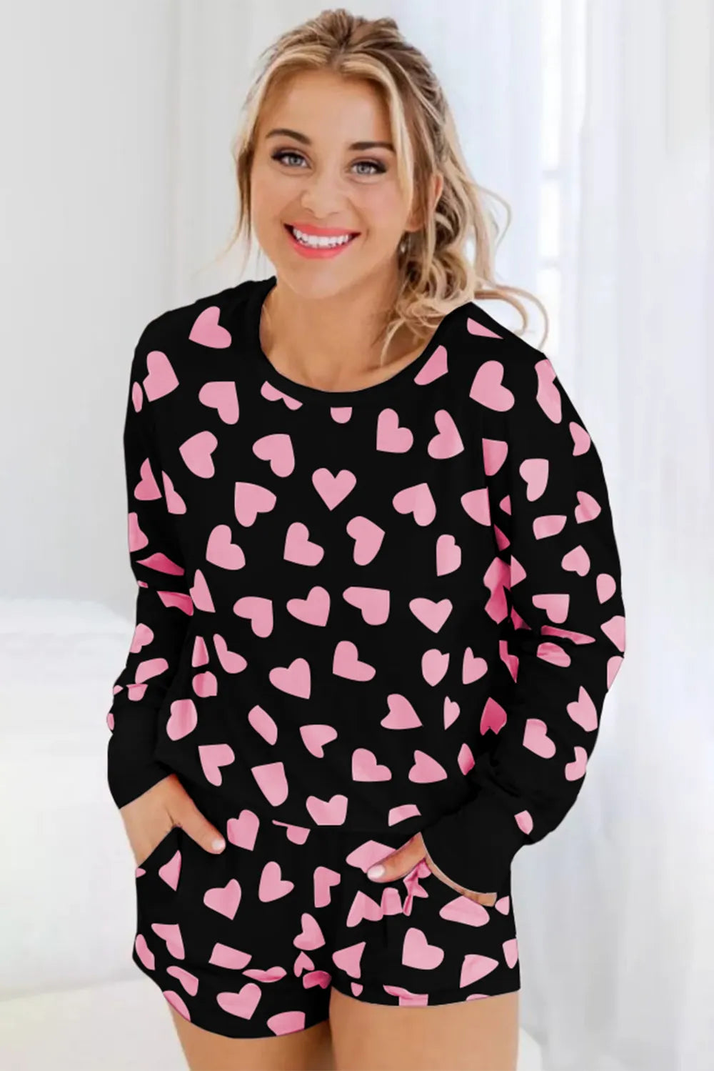 Ensemble Lounge à Manches Longues et Short avec Imprimé Cœur 💖