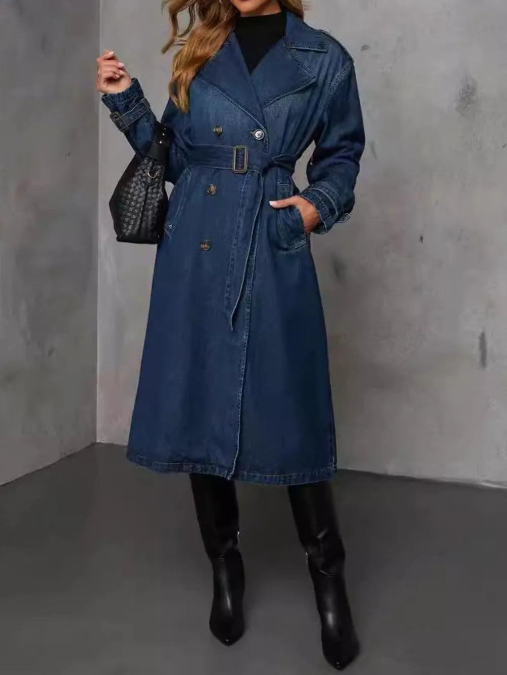 Veste longue en jean boutonnée à manches longues