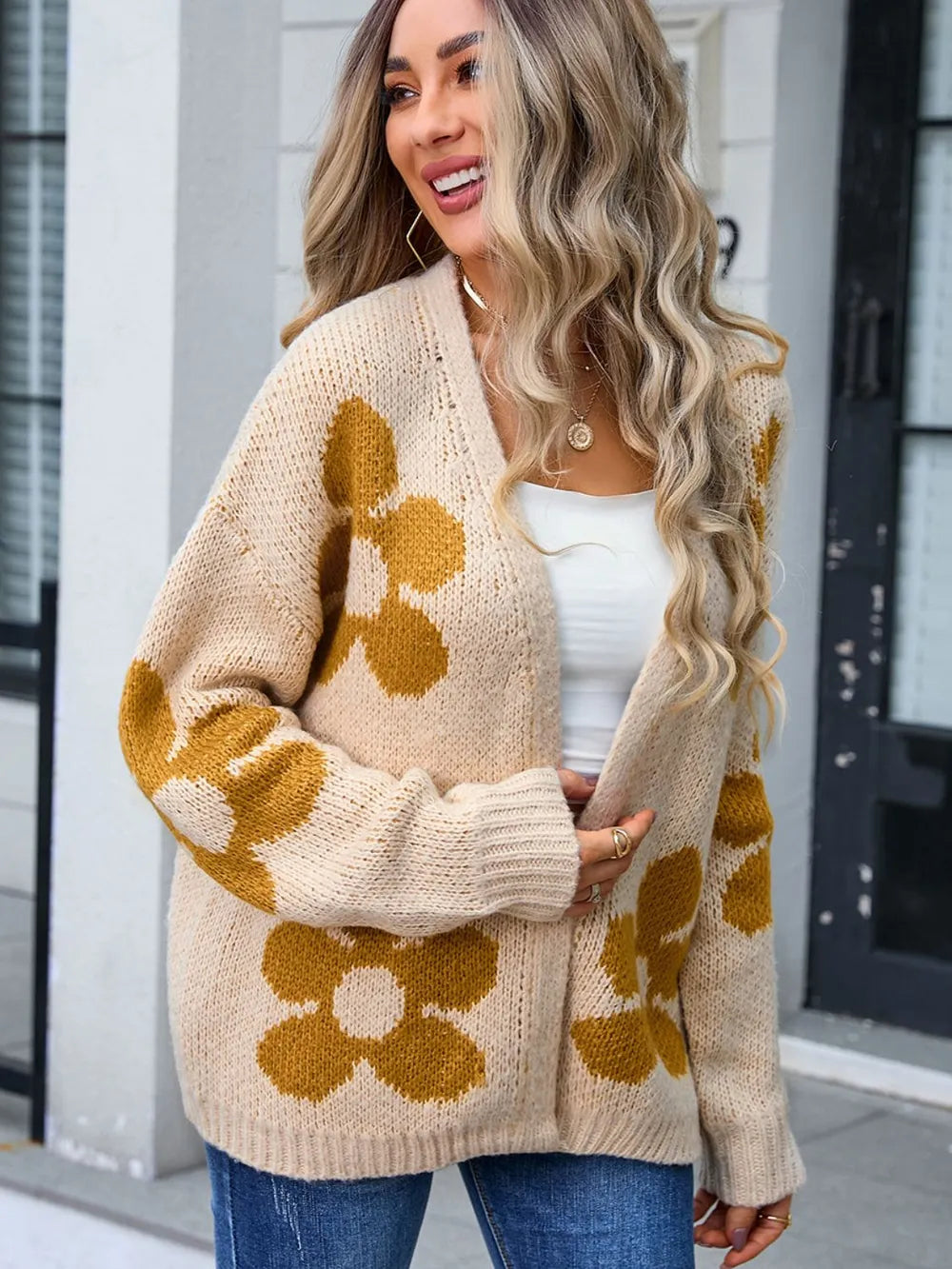Cardigan Long à Manches Longues avec Fleurs et Ailes d’Ange