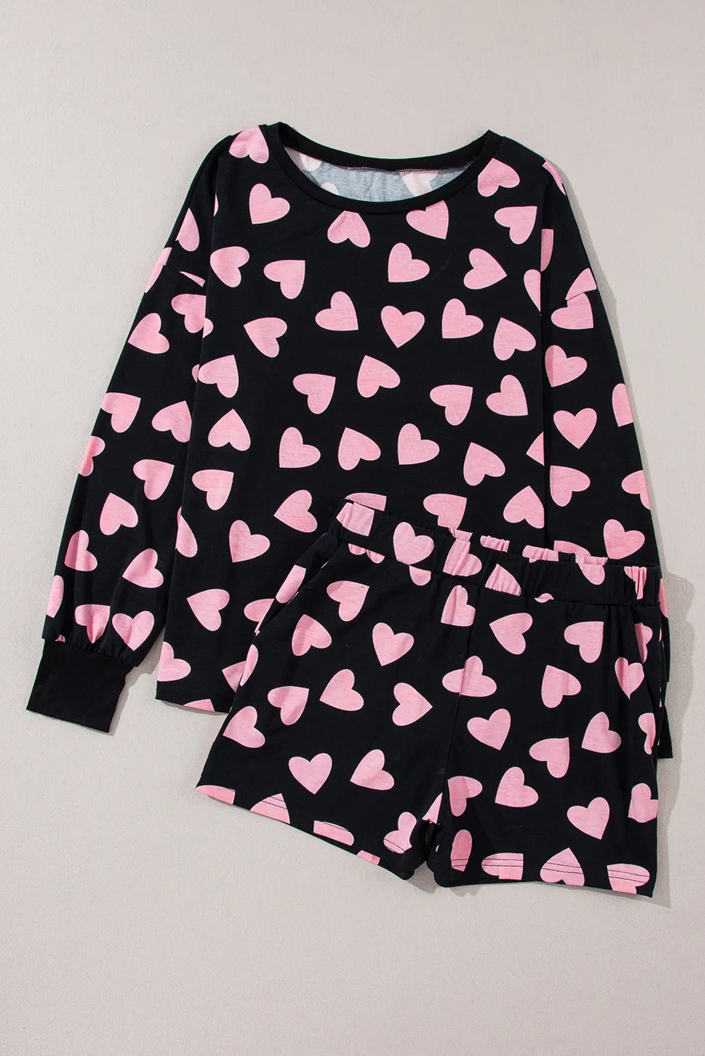 Ensemble Lounge à Manches Longues et Short avec Imprimé Cœur 💖