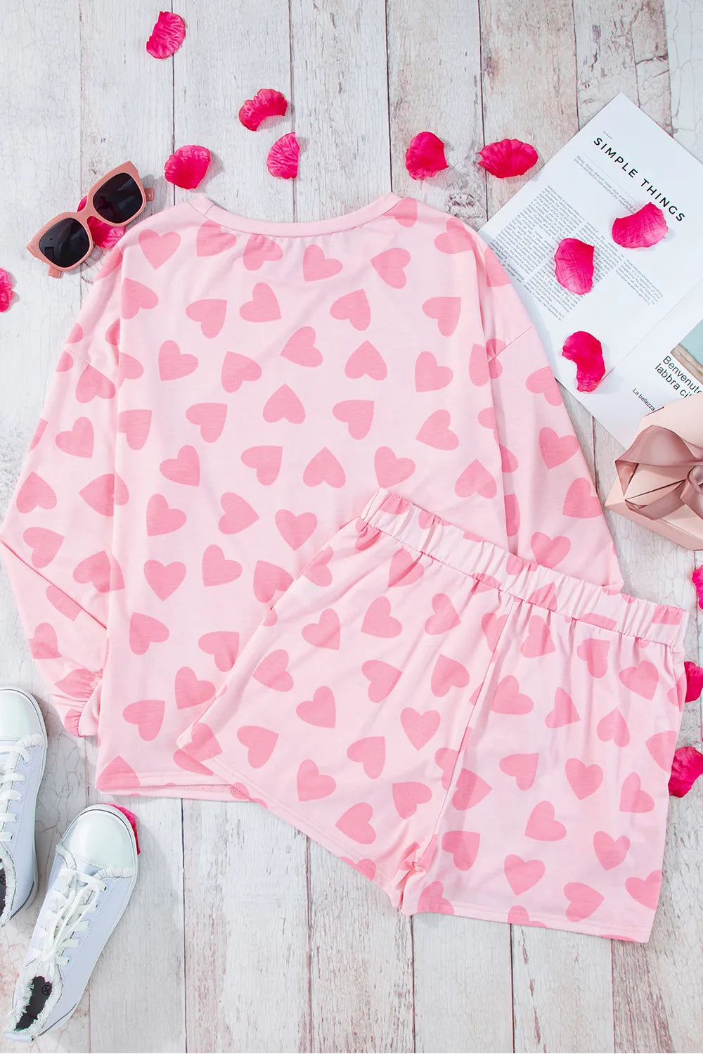 Ensemble Lounge à Manches Longues et Short avec Imprimé Cœur 💖