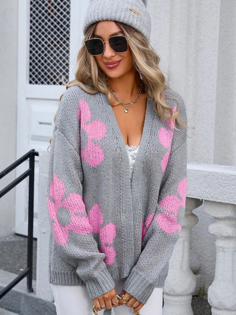 Cardigan Long à Manches Longues avec Fleurs et Ailes d’Ange