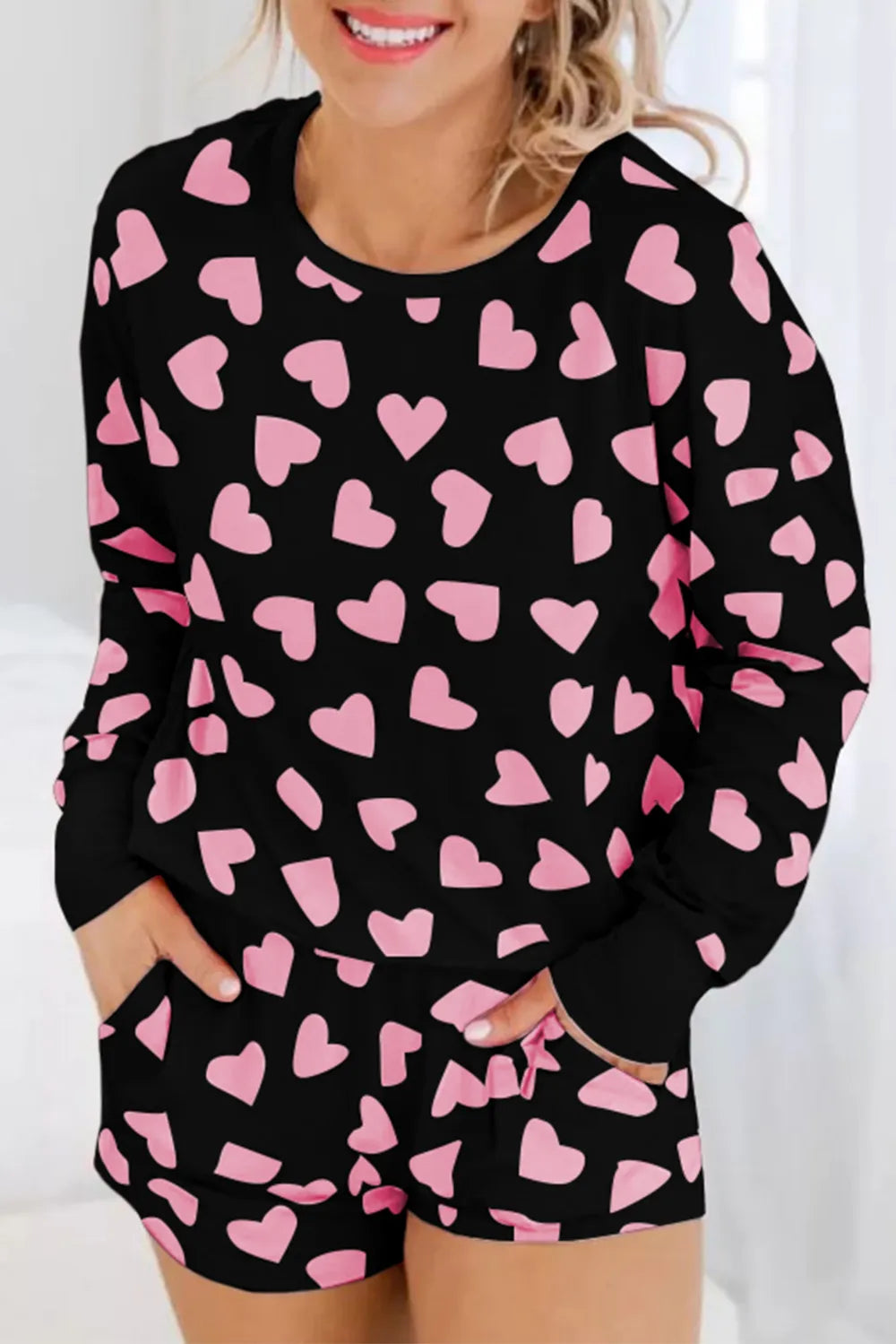 Ensemble Lounge à Manches Longues et Short avec Imprimé Cœur 💖