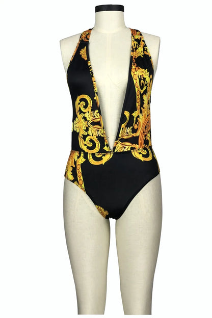 Ensemble Maillot de Bain Doré avec Cache-Maillot Imprimé