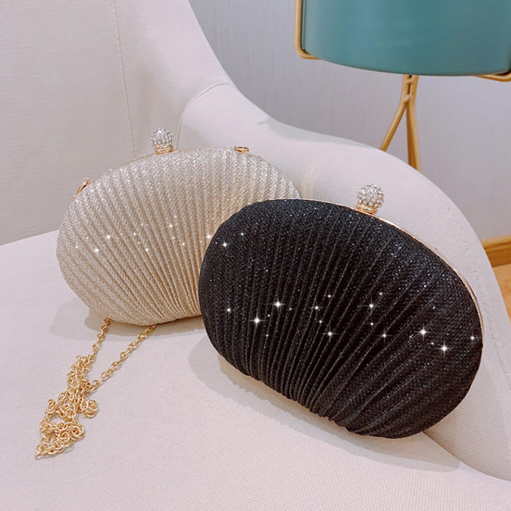 Sac de soirée en cuir, simple, couleur unie, pochette scintillante et plissé