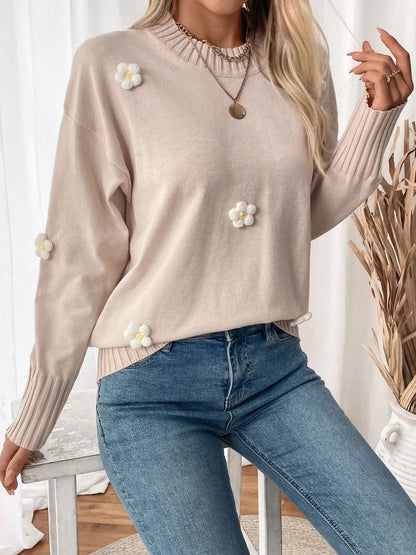 Pull à manches longues et col rond avec motif fleuri