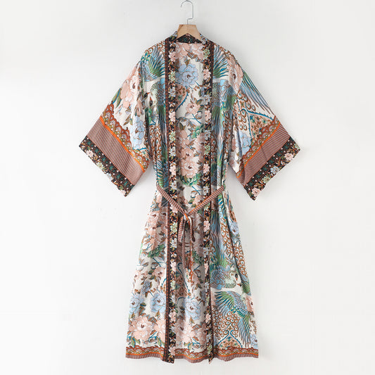 Robe Kimono Bohème Imprimé Grue – Élégance Printanière & Charme d'Été 🌸