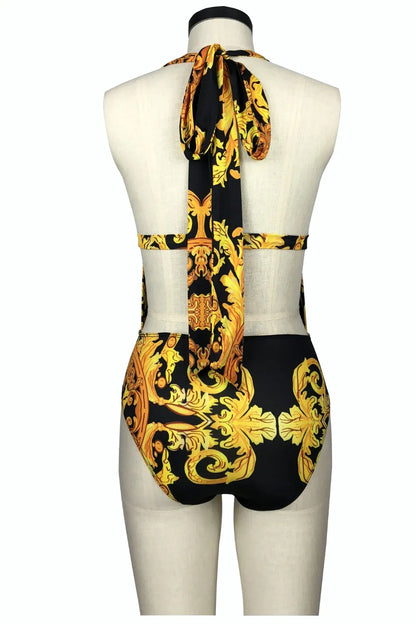 Ensemble Maillot de Bain Doré avec Cache-Maillot Imprimé