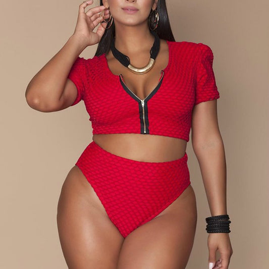 Maillot de Bain Grande Taille 2 Pièces – Élégance Zippée & Taille Haute (Jusqu’au 4XL)