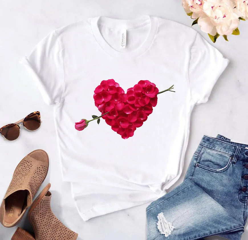T-shirt Élégant à Col Rond avec Imprimé Cœur